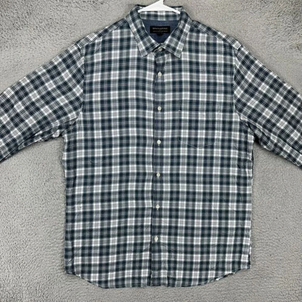 Banana Republic Button Up Shirt Men Large Navy Plaid Stretch Soft Wash Slim Fit